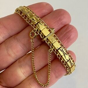 Vintage Gold Tone Geometric Link Bracelet Etched Rope Safety Chain 6.5" Retro